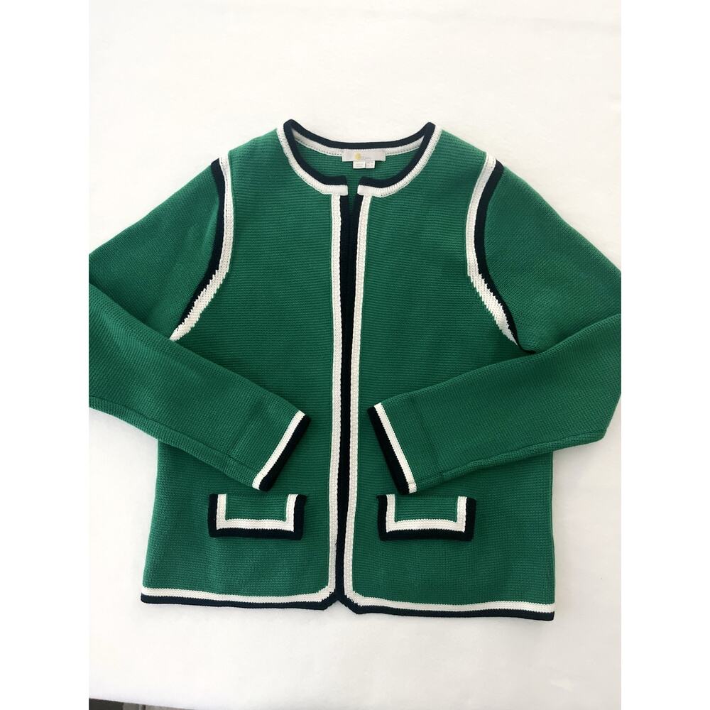 Boden Cardigan Sweater Women 10 Green Contrast Trim Knit Open Pockets Preppy